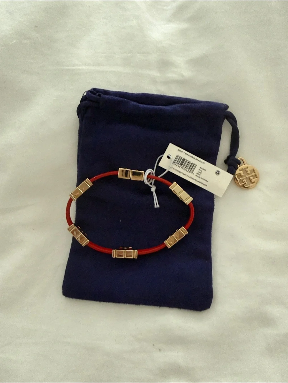 Tory Burch Red Leather Bracelet with Gold Logo Links